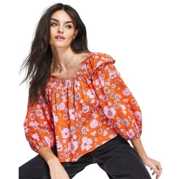 Free People Miss Daisy floral printed smock blouse in pink Floral Orange Size/M - Picture 3 of 10